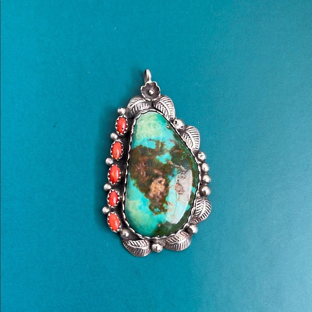 Turquoise and Coral Pendant Necklace